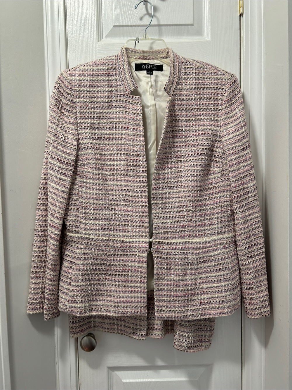 Kasper Pink Tweed Open-Front Blazer & skirt